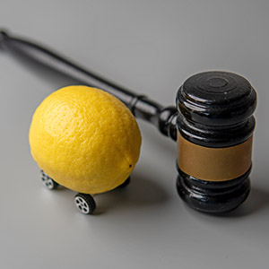 Gavel next to a lemon with wheels, symbolizing Lemon Law & Warranty Claims