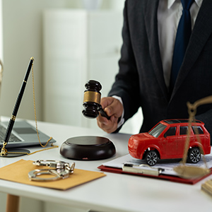 Lawyer with gavel next to red miniature car model for California lemon law claim